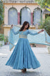 Load image into Gallery viewer, Sky Blue Luxury Star Georgette Gown with Designer Embroidered Dupatta – 5-Layer Frill Flai