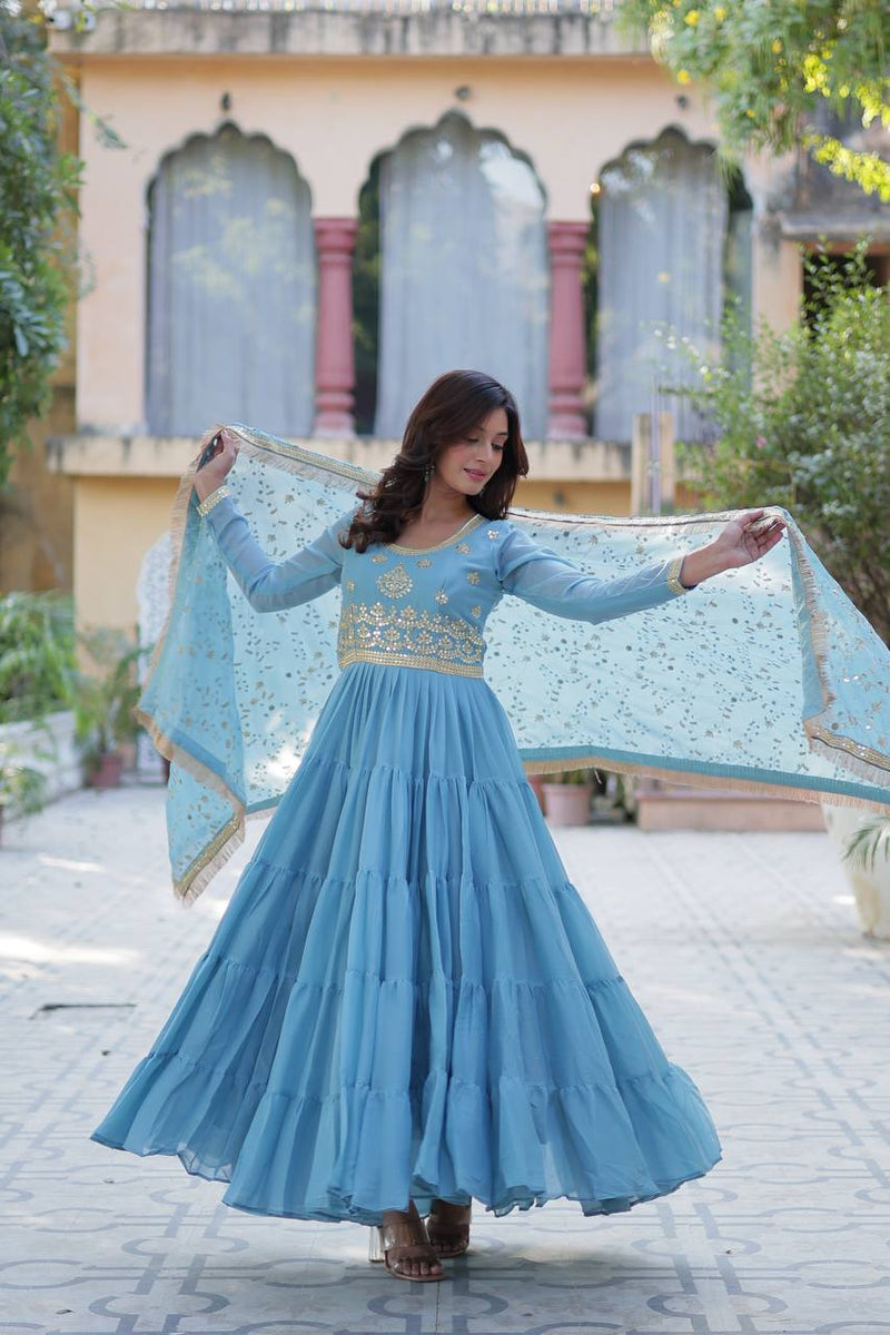 Sky Blue Luxury Star Georgette Gown with Designer Embroidered Dupatta – 5-Layer Frill Flai