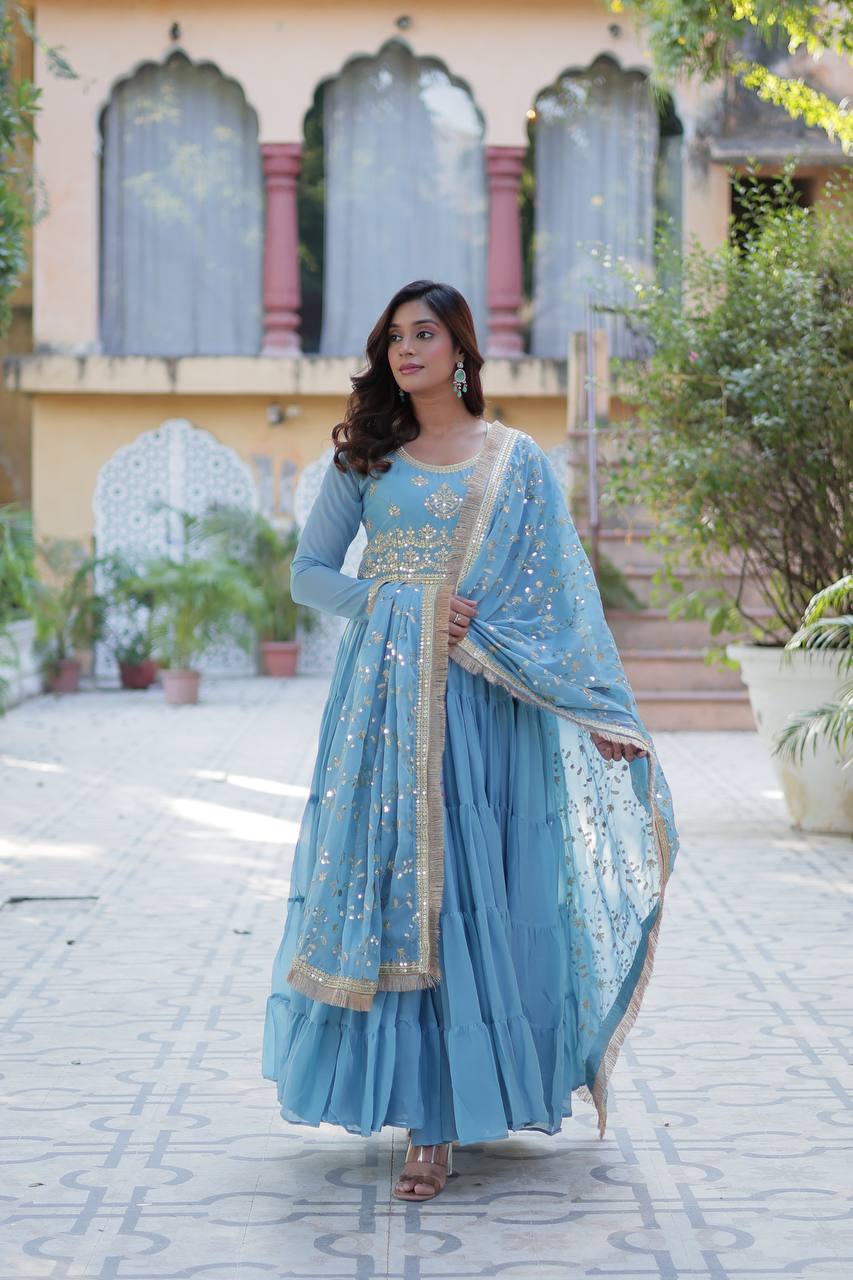 Sky Blue Luxury Star Georgette Gown with Designer Embroidered Dupatta – 5-Layer Frill Flai