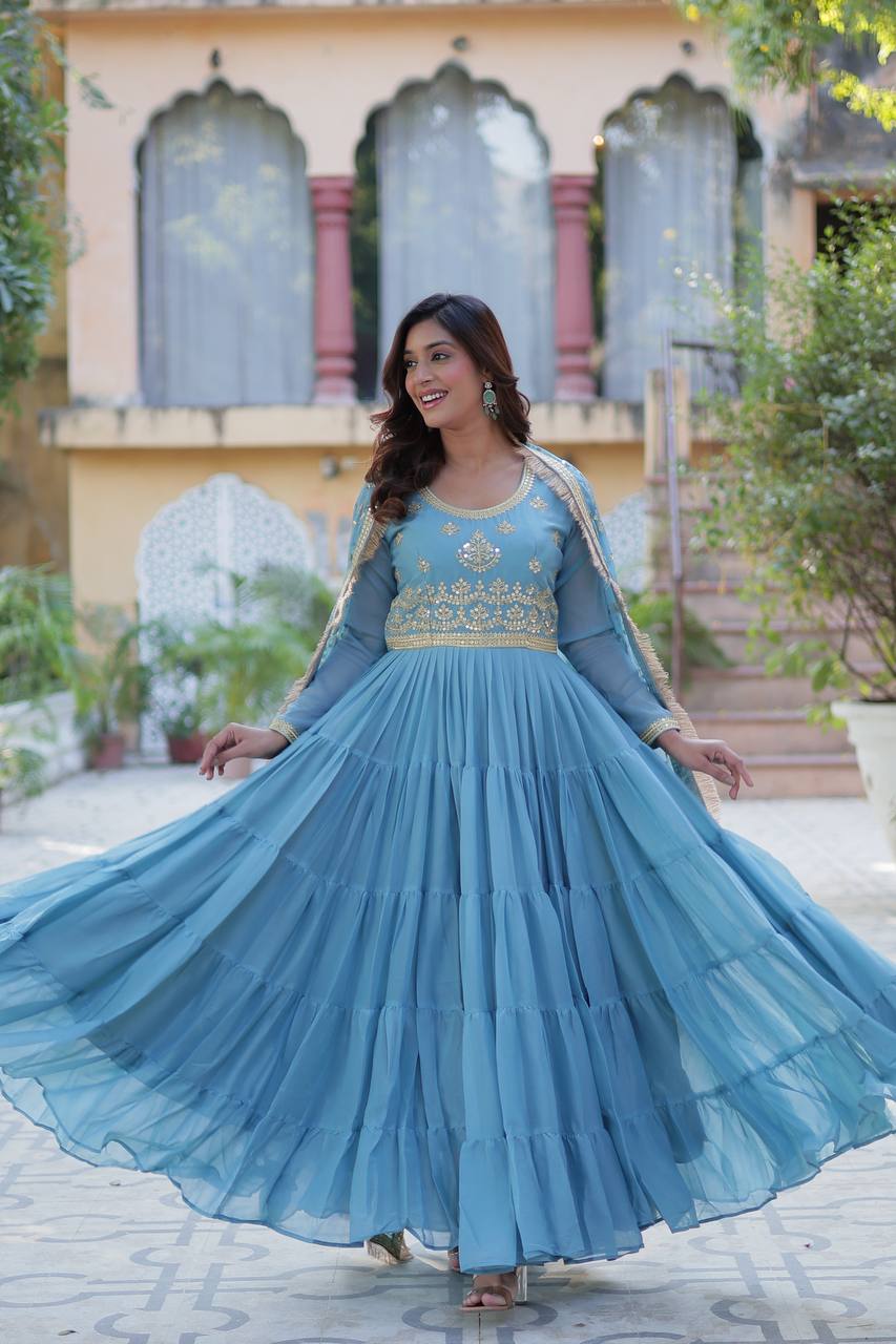 Sky Blue Luxury Star Georgette Gown with Designer Embroidered Dupatta – 5-Layer Frill Flai