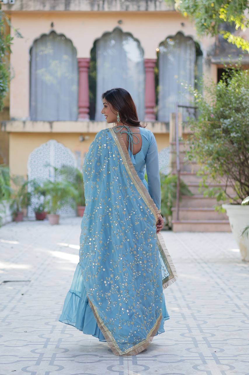 Sky Blue Luxury Star Georgette Gown with Designer Embroidered Dupatta – 5-Layer Frill Flai
