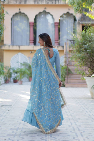 Sky Blue Luxury Star Georgette Gown with Designer Embroidered Dupatta – 5-Layer Frill Flai