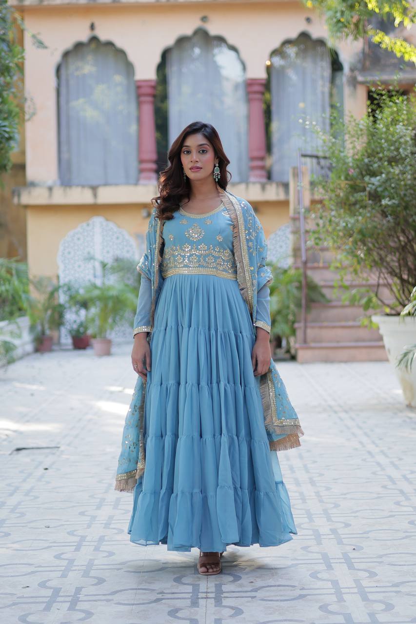Sky Blue Luxury Star Georgette Gown with Designer Embroidered Dupatta – 5-Layer Frill Flai