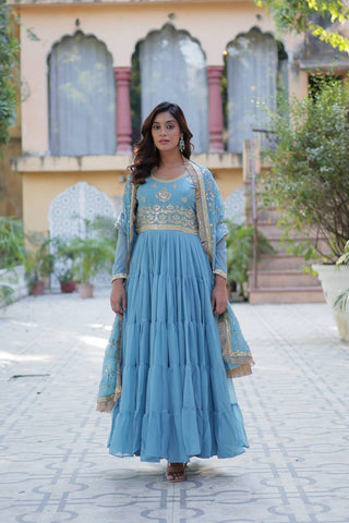 Sky Blue Luxury Star Georgette Gown with Designer Embroidered Dupatta – 5-Layer Frill Flai