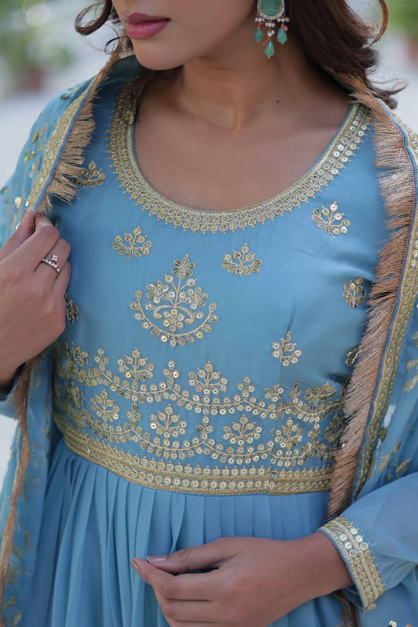 Sky Blue Luxury Star Georgette Gown with Designer Embroidered Dupatta – 5-Layer Frill Flai