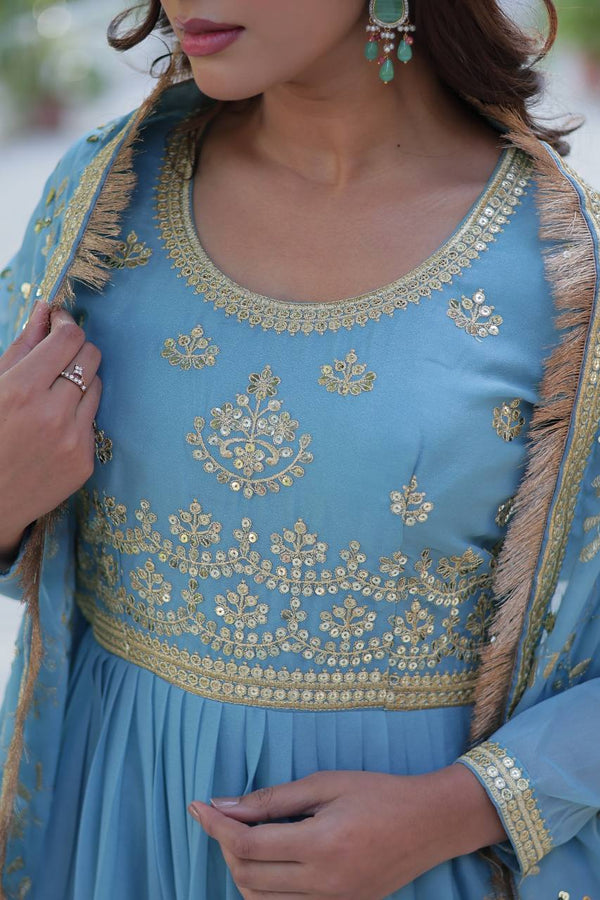 Sky Blue Luxury Star Georgette Gown with Designer Embroidered Dupatta – 5-Layer Frill Flai