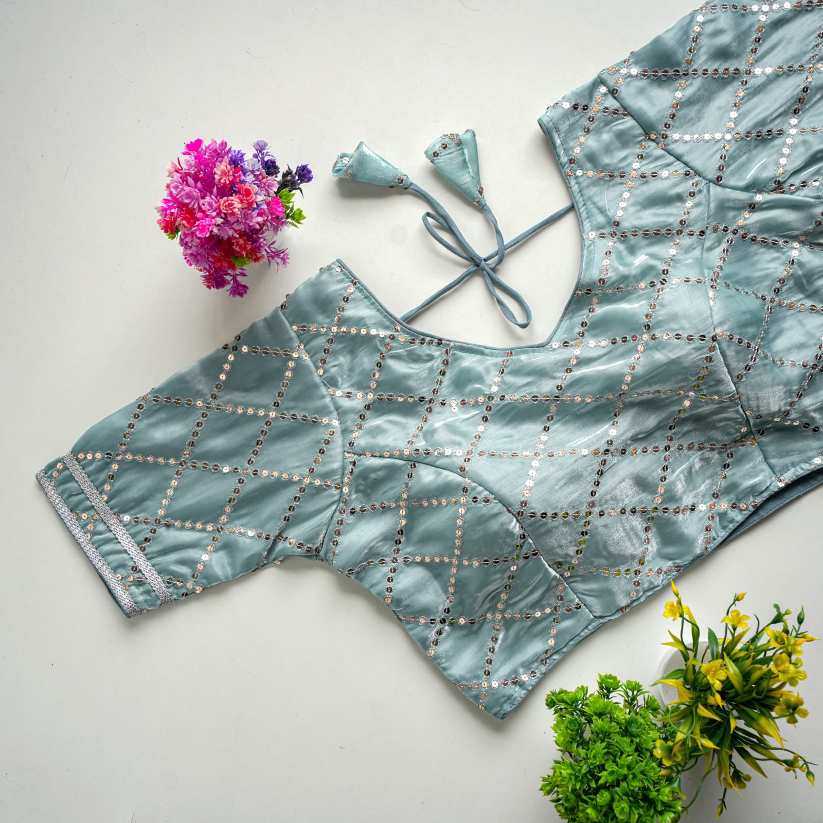 Sky Blue Metalic Jimmy Choo Blouse with Exquisite Sequence Embroidery ClothsVilla Main image