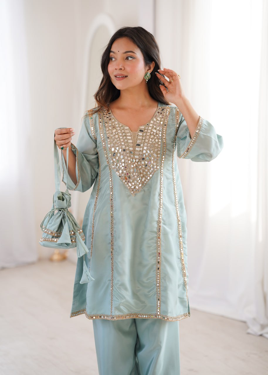 Sky Blue Mirror Work Kurti Pant Set & Batwa ClothsVilla