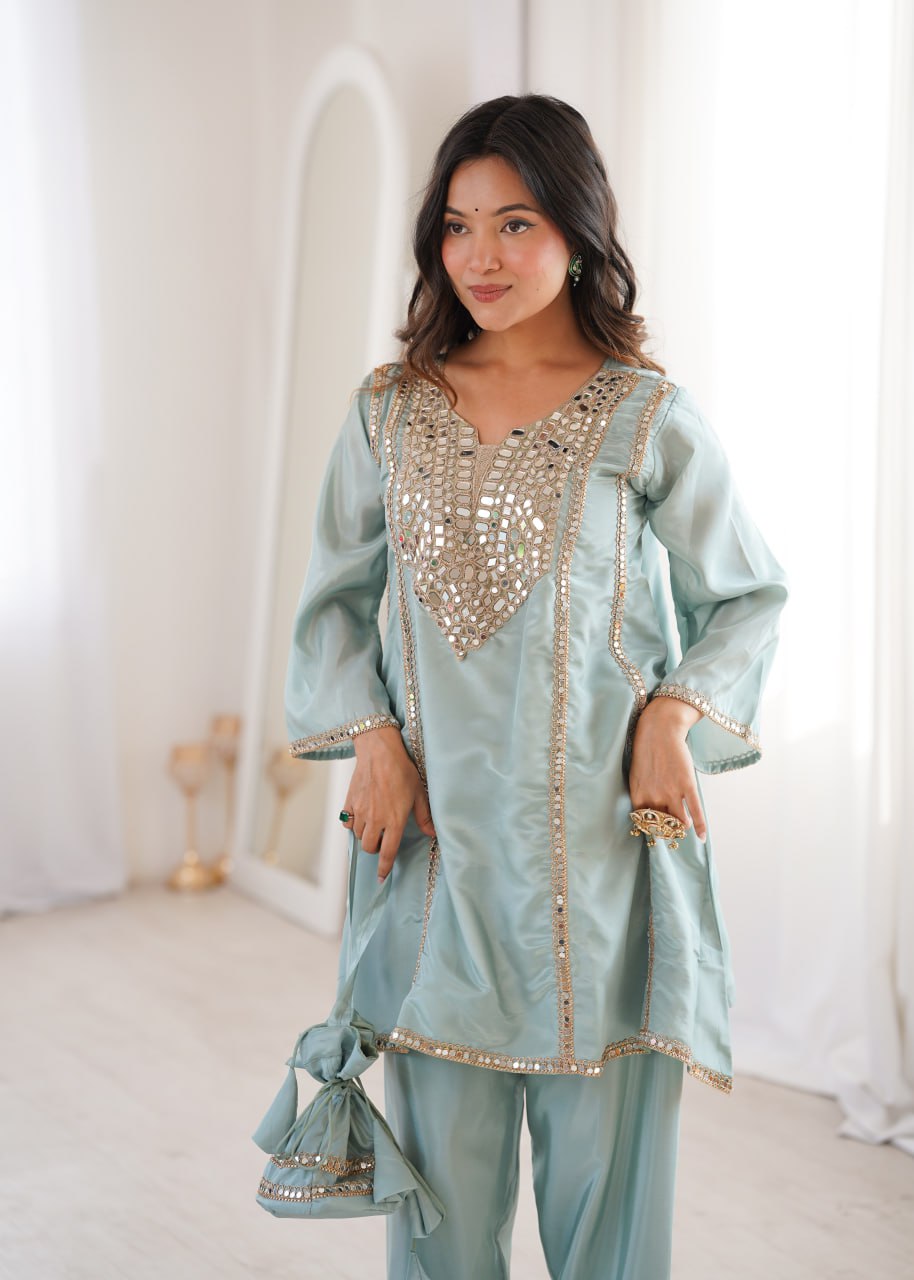 Sky Blue Mirror Work Kurti Pant Set & Batwa ClothsVilla