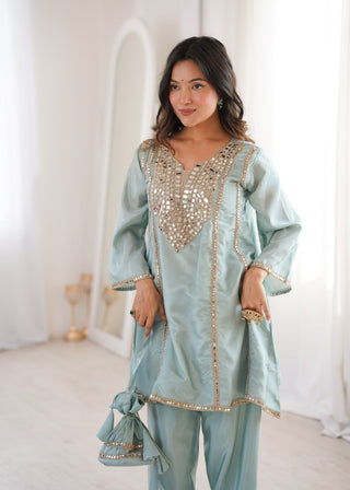 Sky Blue Mirror Work Kurti Pant Set & Batwa ClothsVilla
