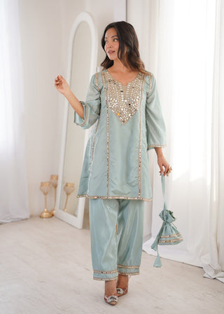 Sky Blue Mirror Work Kurti Pant Set & Batwa ClothsVilla