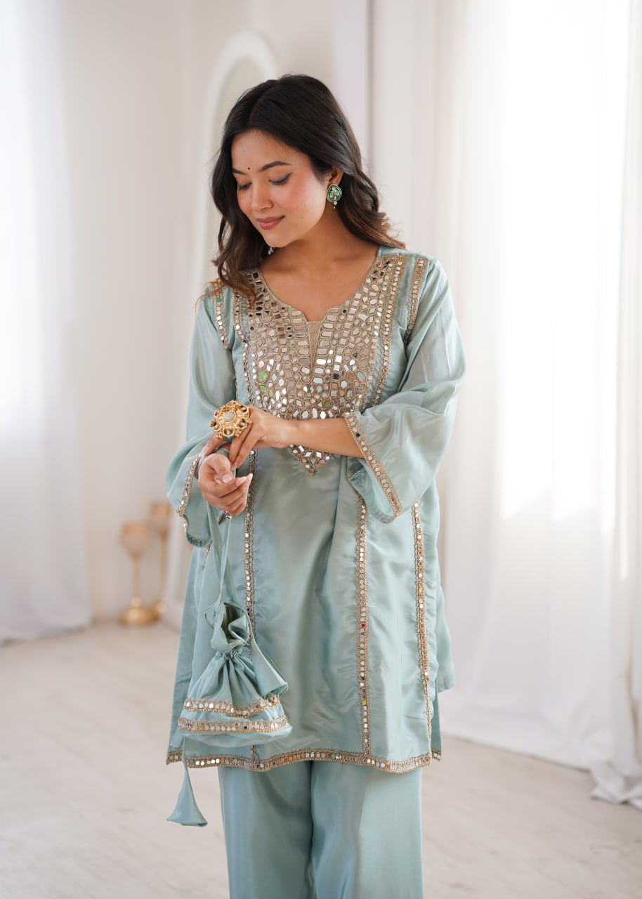 Sky Blue Mirror Work Kurti Pant Set & Batwa ClothsVilla