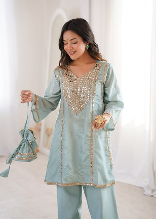 Sky Blue Mirror Work Kurti Pant Set & Batwa ClothsVilla