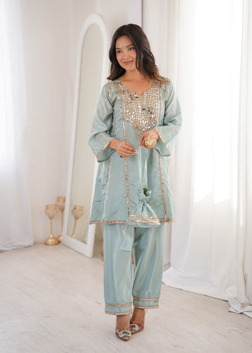 Sky Blue Mirror Work Kurti Pant Set & Batwa ClothsVilla