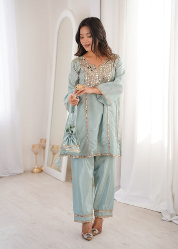 Sky Blue Mirror Work Kurti Pant Set & Batwa ClothsVilla