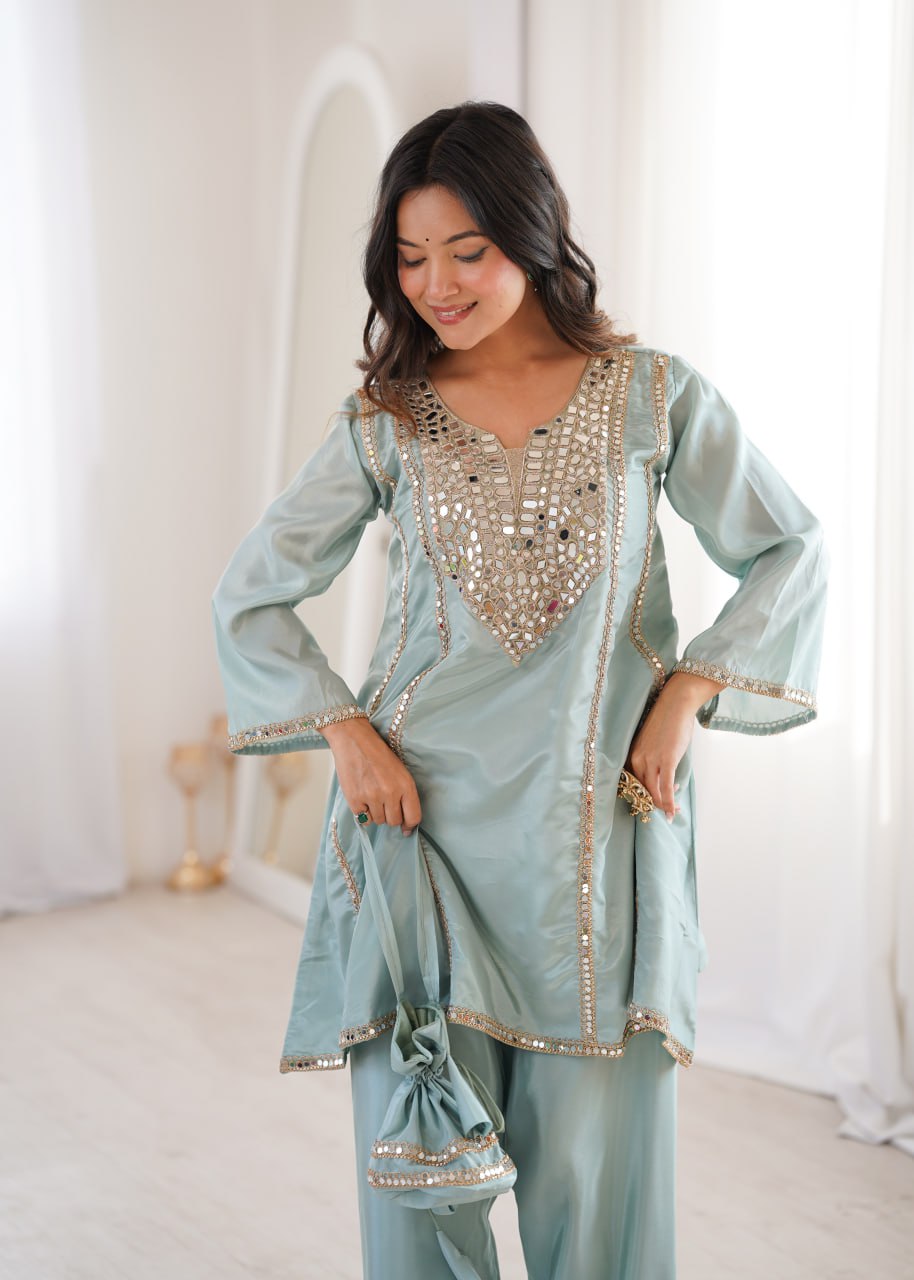 Sky Blue Mirror Work Kurti Pant Set & Batwa ClothsVilla