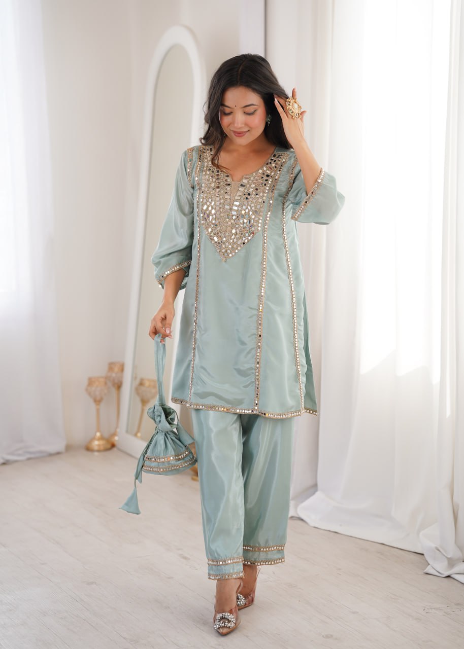 Sky Blue Mirror Work Kurti Pant Set & Batwa ClothsVilla