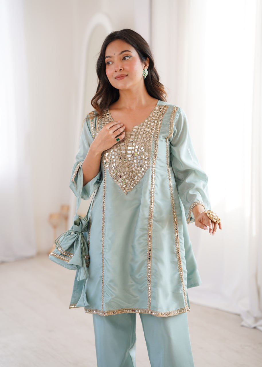 Sky Blue Mirror Work Kurti Pant Set & Batwa ClothsVilla