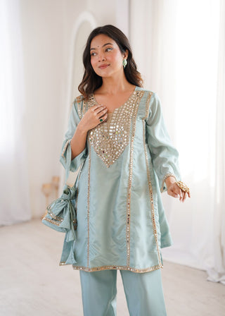 Sky Blue Mirror Work Kurti Pant Set & Batwa ClothsVilla