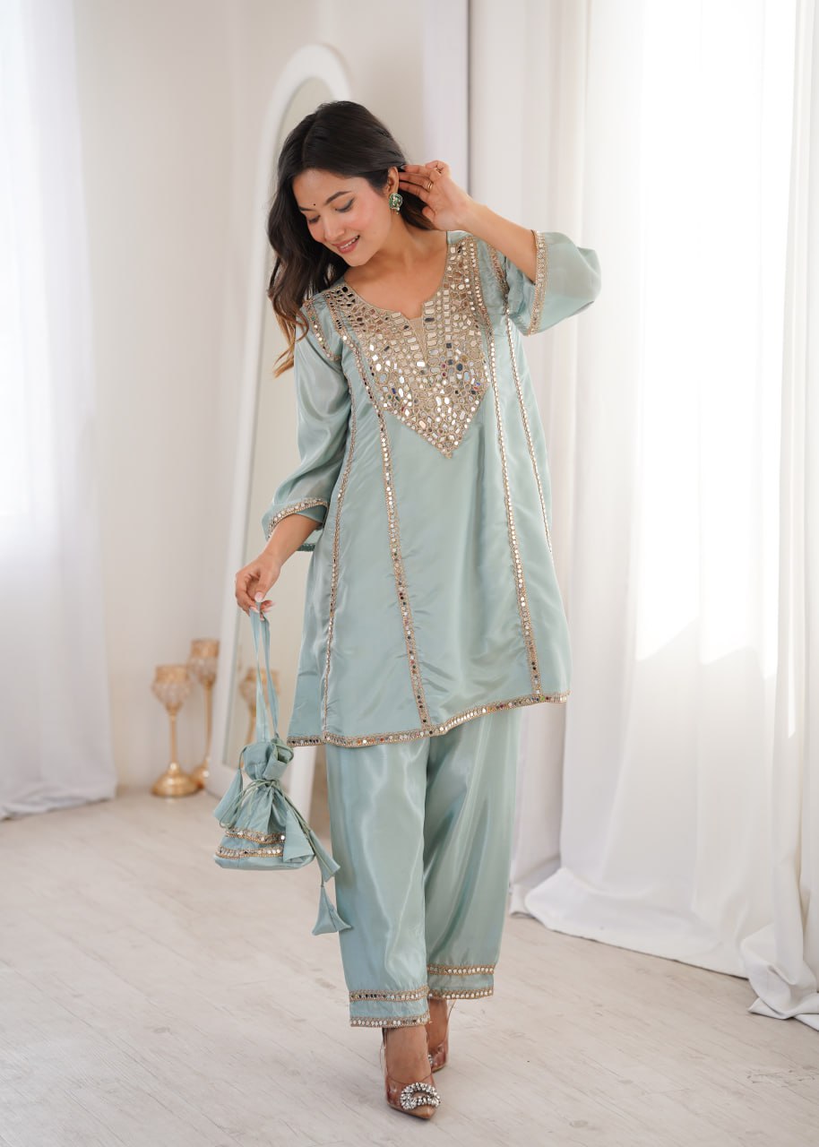 Sky Blue Mirror Work Kurti Pant Set & Batwa ClothsVilla