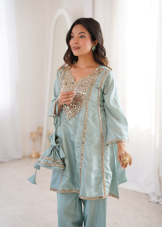 Sky Blue Mirror Work Kurti Pant Set & Batwa ClothsVilla