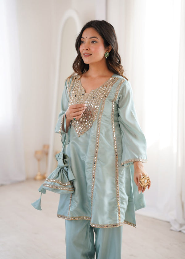 Sky Blue Mirror Work Kurti Pant Set & Batwa ClothsVilla