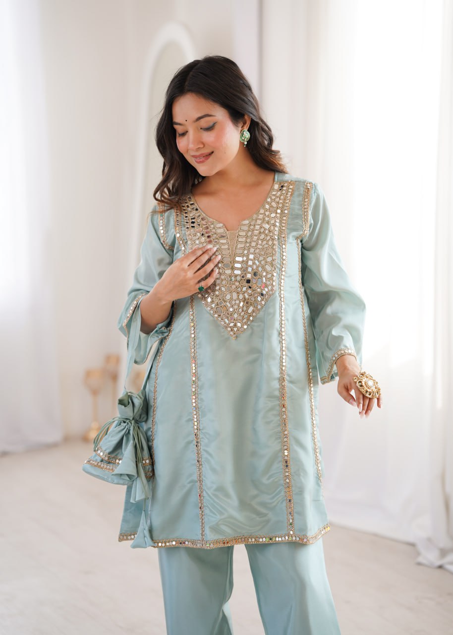 Sky Blue Mirror Work Kurti Pant Set & Batwa ClothsVilla