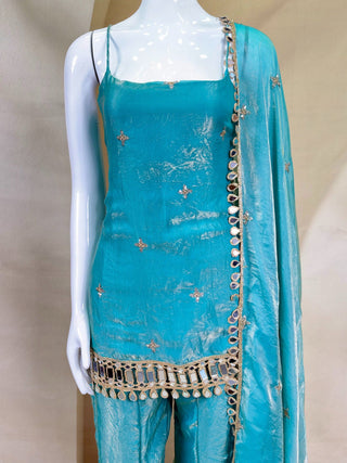 Sky Blue Mirror Work Sharara Set ClothsVilla