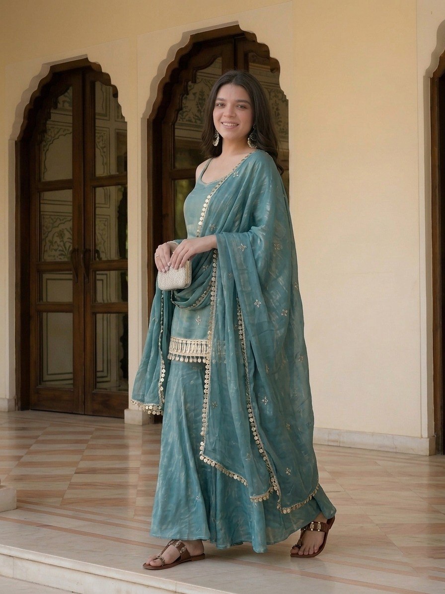 Sky Blue Mirror Work Sharara Set ClothsVilla
