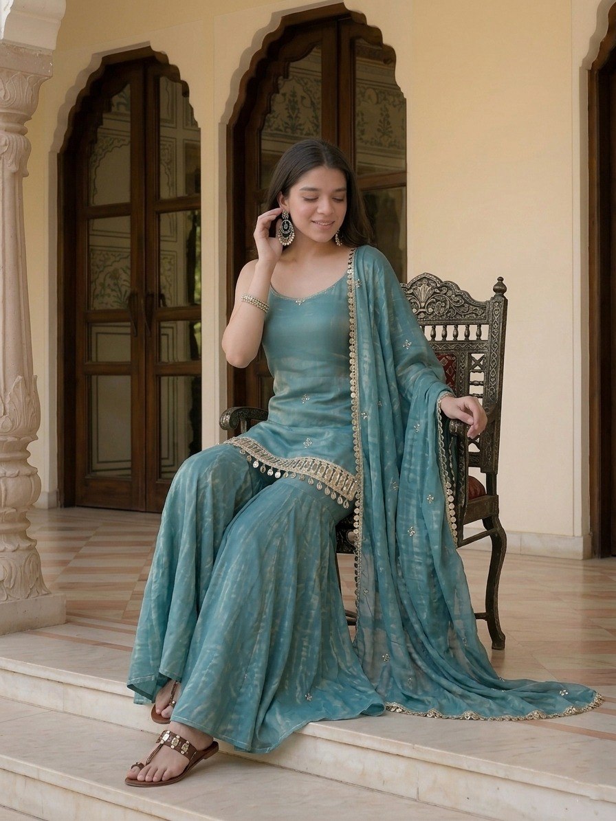 Sky Blue Mirror Work Sharara Set ClothsVilla