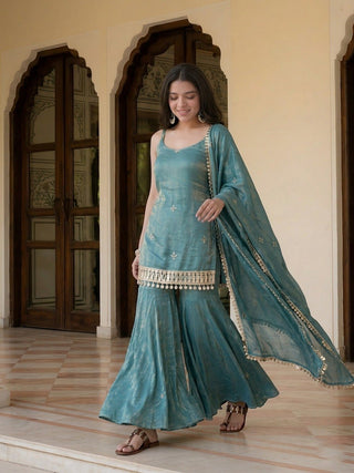 Sky Blue Mirror Work Sharara Set ClothsVilla