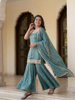 Sky Blue Mirror Work Sharara Set ClothsVilla