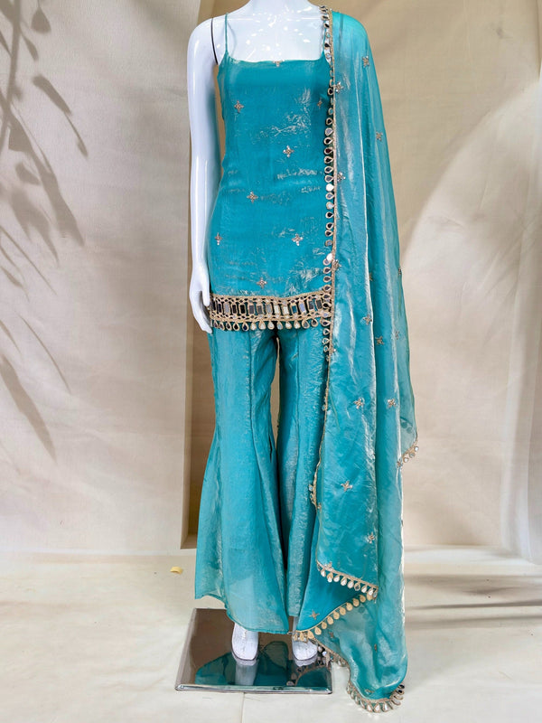 Sky Blue Mirror Work Sharara Set ClothsVilla