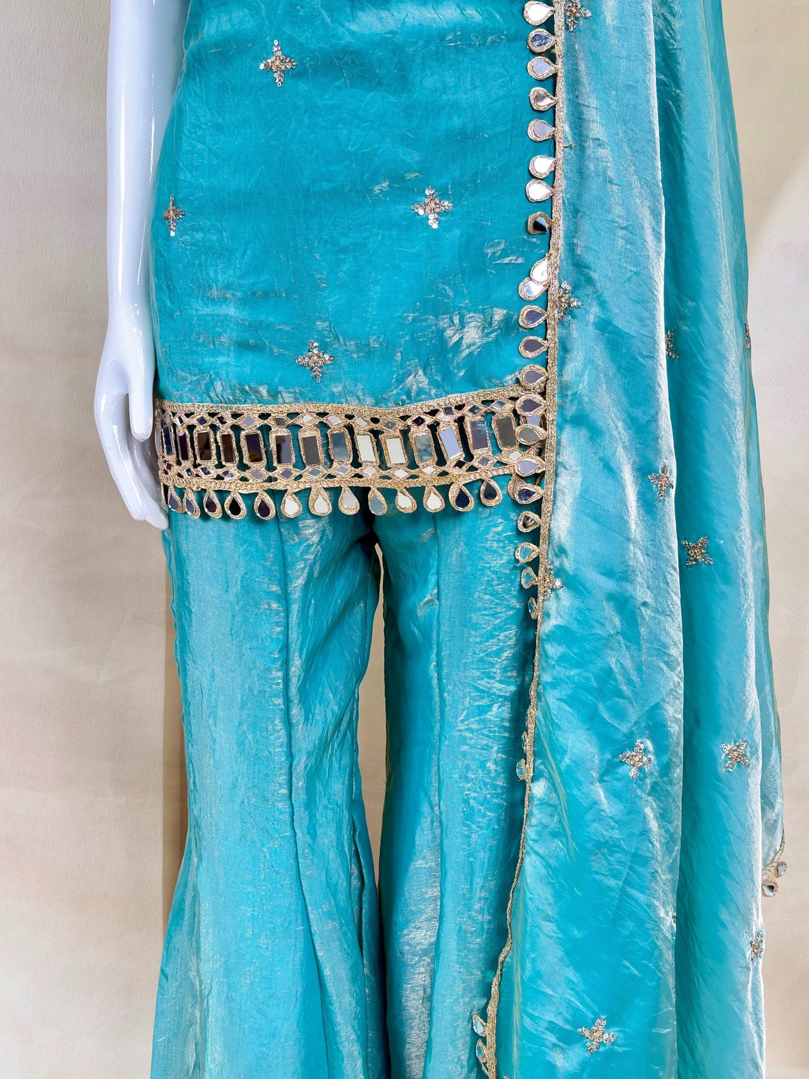 Sky Blue Mirror Work Sharara Set ClothsVilla