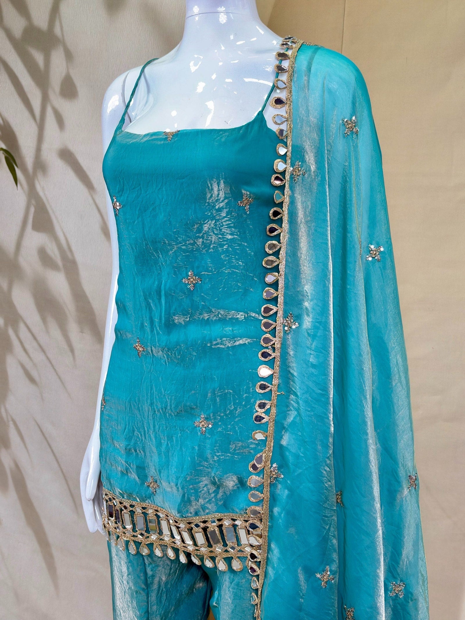 Sky Blue Mirror Work Sharara Set ClothsVilla