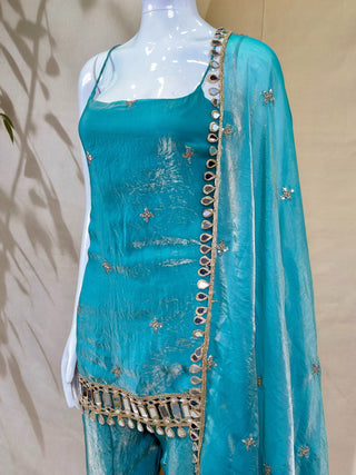 Sky Blue Mirror Work Sharara Set ClothsVilla