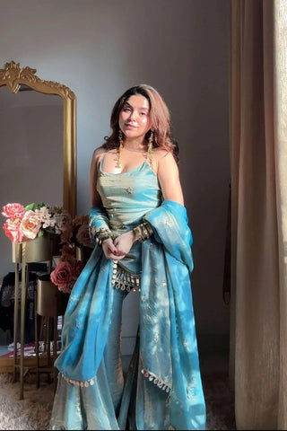 Sky Blue Mirror Work Sharara Set ClothsVilla
