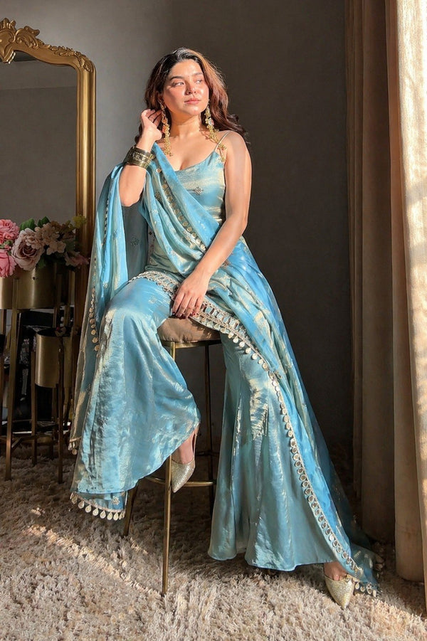 Sky Blue Mirror Work Sharara Set ClothsVilla