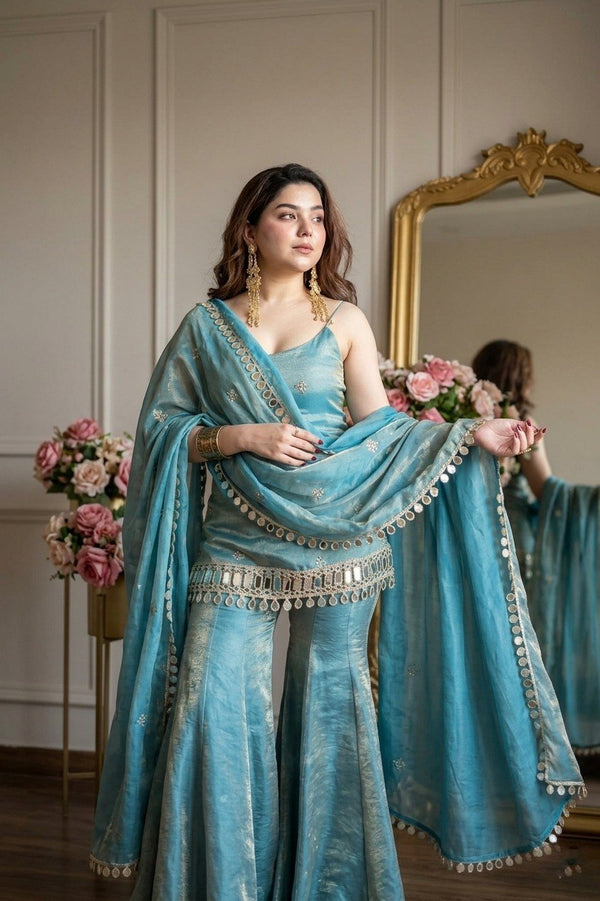 Sky Blue Mirror Work Sharara Set ClothsVilla