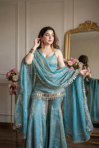 Sky Blue Mirror Work Sharara Set ClothsVilla
