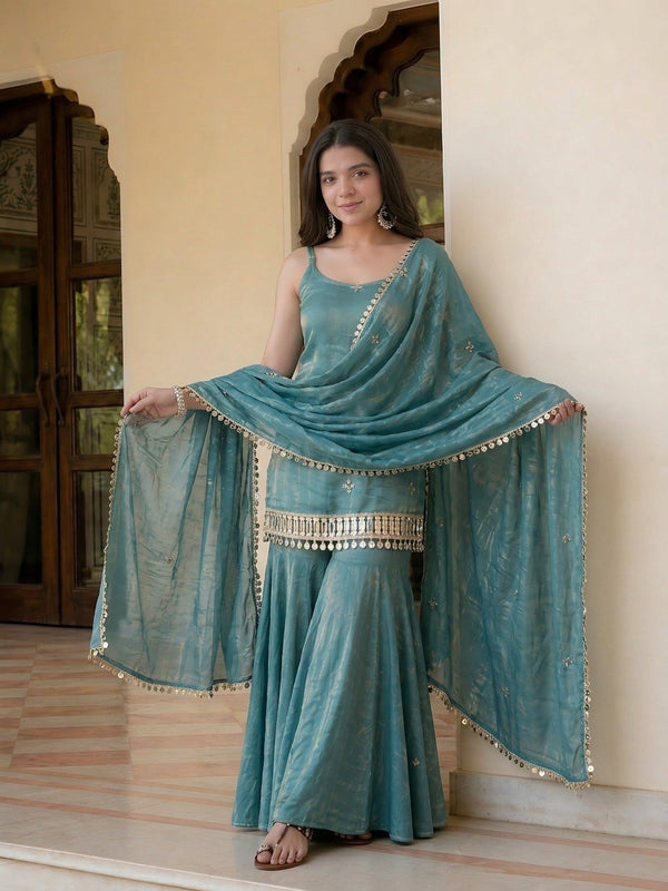 Sky Blue Mirror Work Sharara Set ClothsVilla