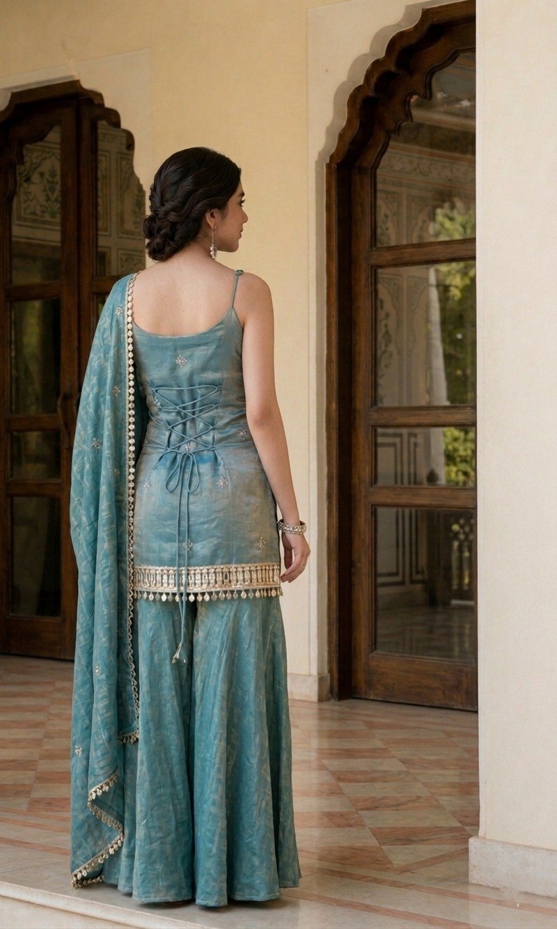 Sky Blue Mirror Work Sharara Set ClothsVilla