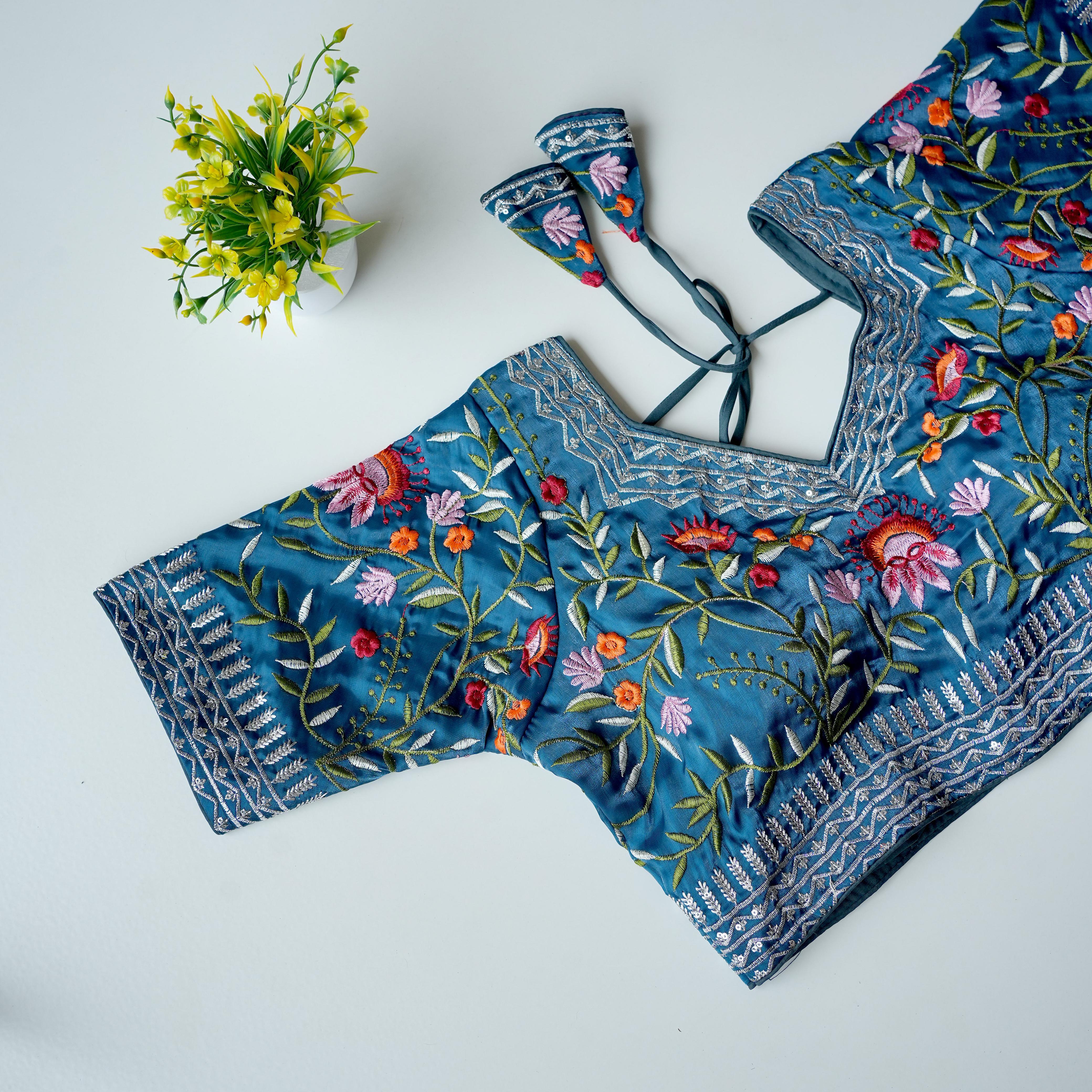 Sky Blue Multi-Color Embroidered Jimmy Choo Silk Blouse ClothsVilla Main image