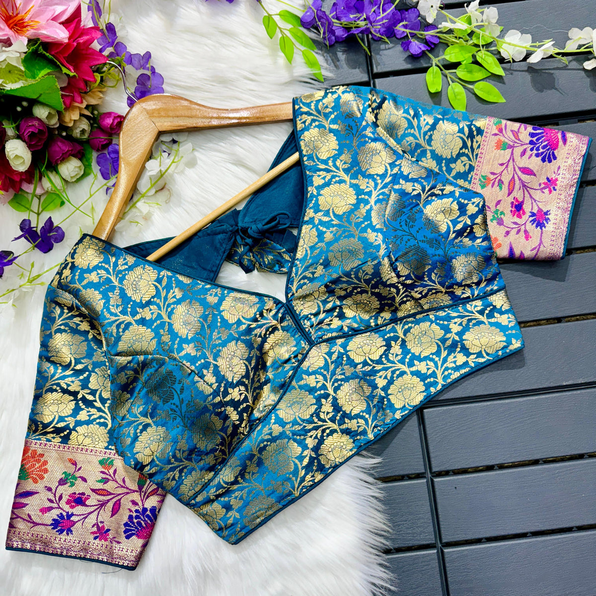 Sky Blue Multi Meena Work Pure Paithani Blouse ClothsVilla Main image