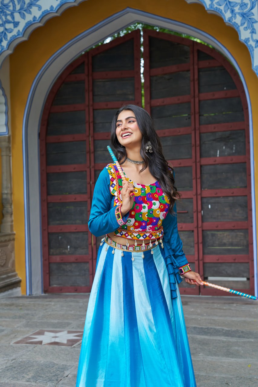 Sky Blue Navratri Special Chinnon Pedding Lehenga Choli with Kutchi Gamthi Embroidery ClothsVilla