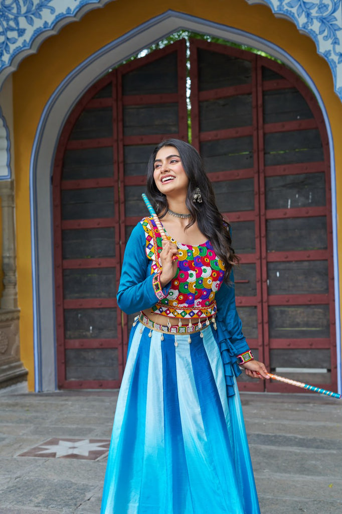 Sky Blue Navratri Special Chinnon Pedding Lehenga Choli with Kutchi Gamthi Embroidery ClothsVilla