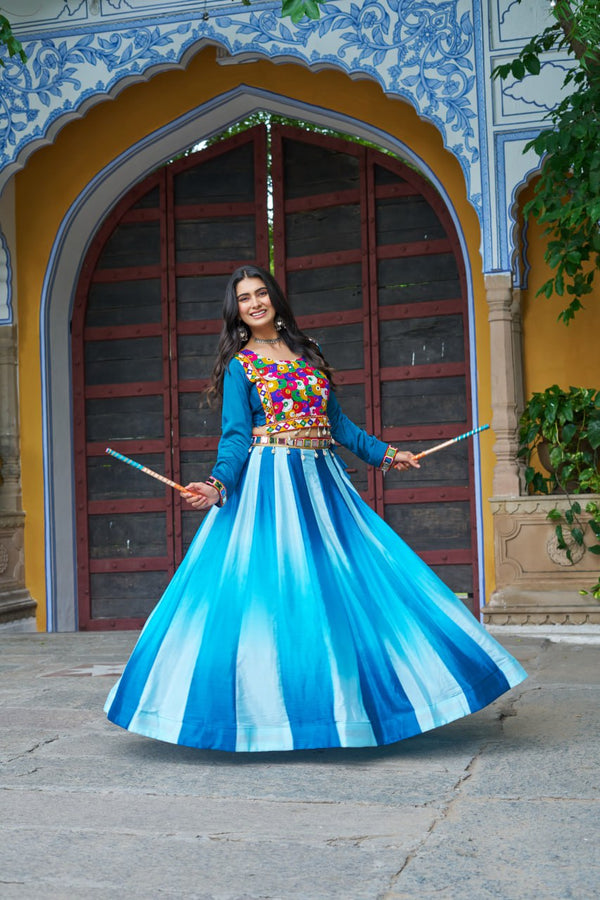Sky Blue Navratri Special Chinnon Pedding Lehenga Choli with Kutchi Gamthi Embroidery ClothsVilla