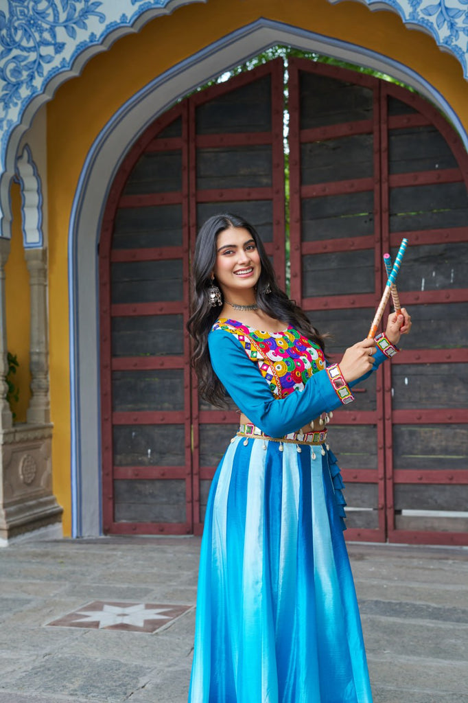 Sky Blue Navratri Special Chinnon Pedding Lehenga Choli with Kutchi Gamthi Embroidery ClothsVilla