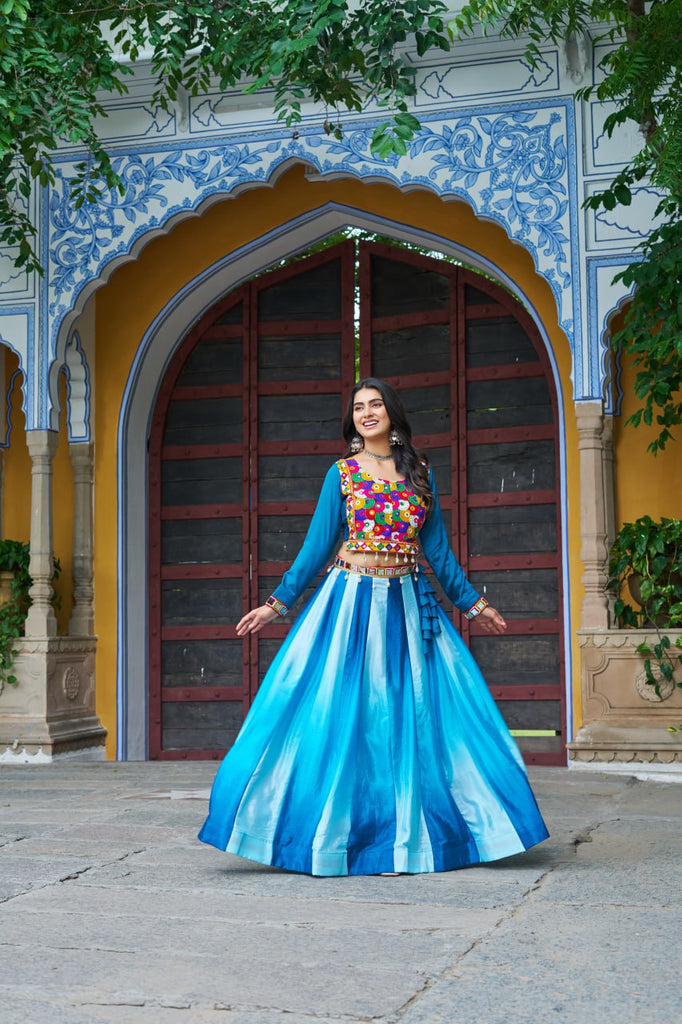 Sky Blue Navratri Special Chinnon Pedding Lehenga Choli with Kutchi Gamthi Embroidery ClothsVilla