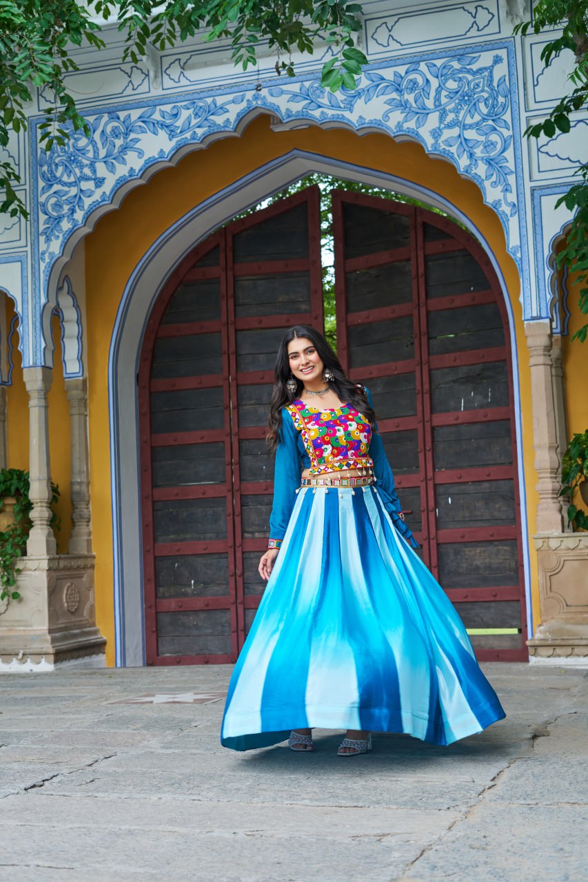 Sky Blue Navratri Special Chinnon Pedding Lehenga Choli with Kutchi Gamthi Embroidery ClothsVilla